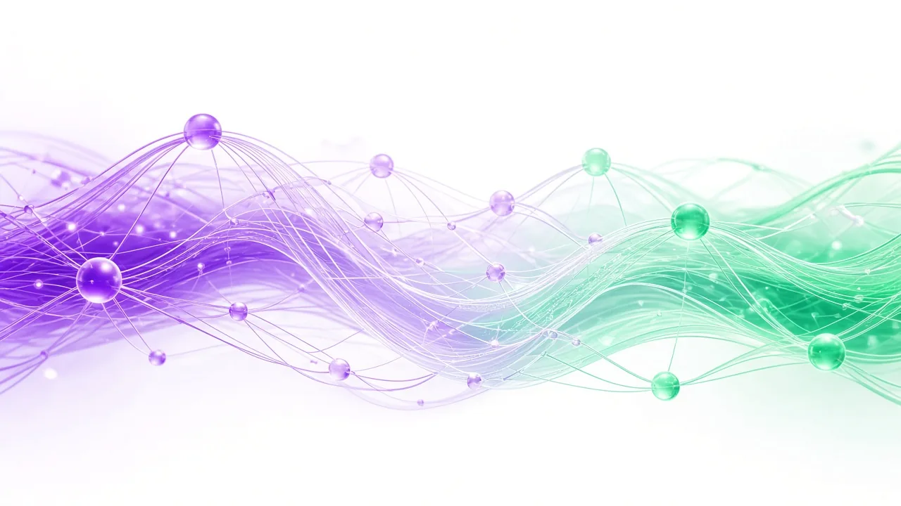 Abstract purple and green neural network waves symbolising AI and digital transformation