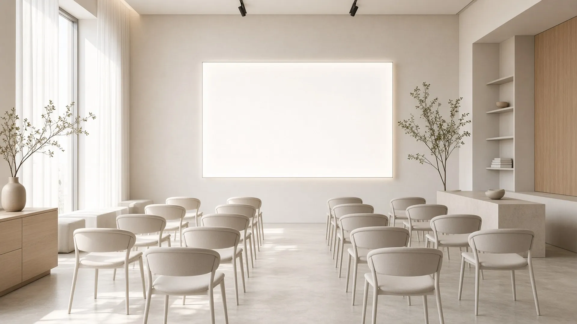 Bright minimalist classroom prepared for an AI workshop