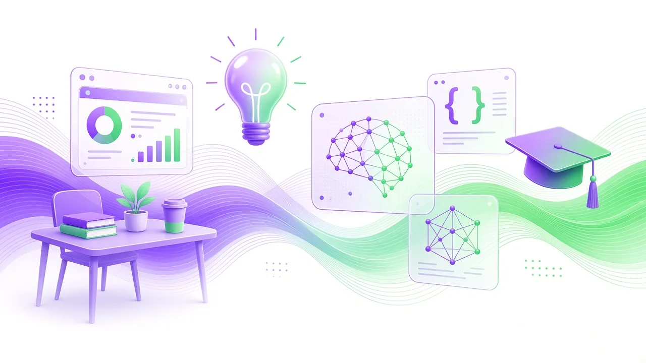 Illustration of AI workshops with a desk, lightbulb, neural network and graduation cap